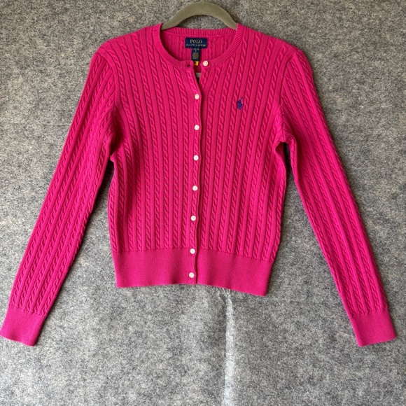 Polo Ralph Lauren Pink Cable Knit Cardigan Size L (12–14) Cotton Logo Sweater - Picture 2 of 11